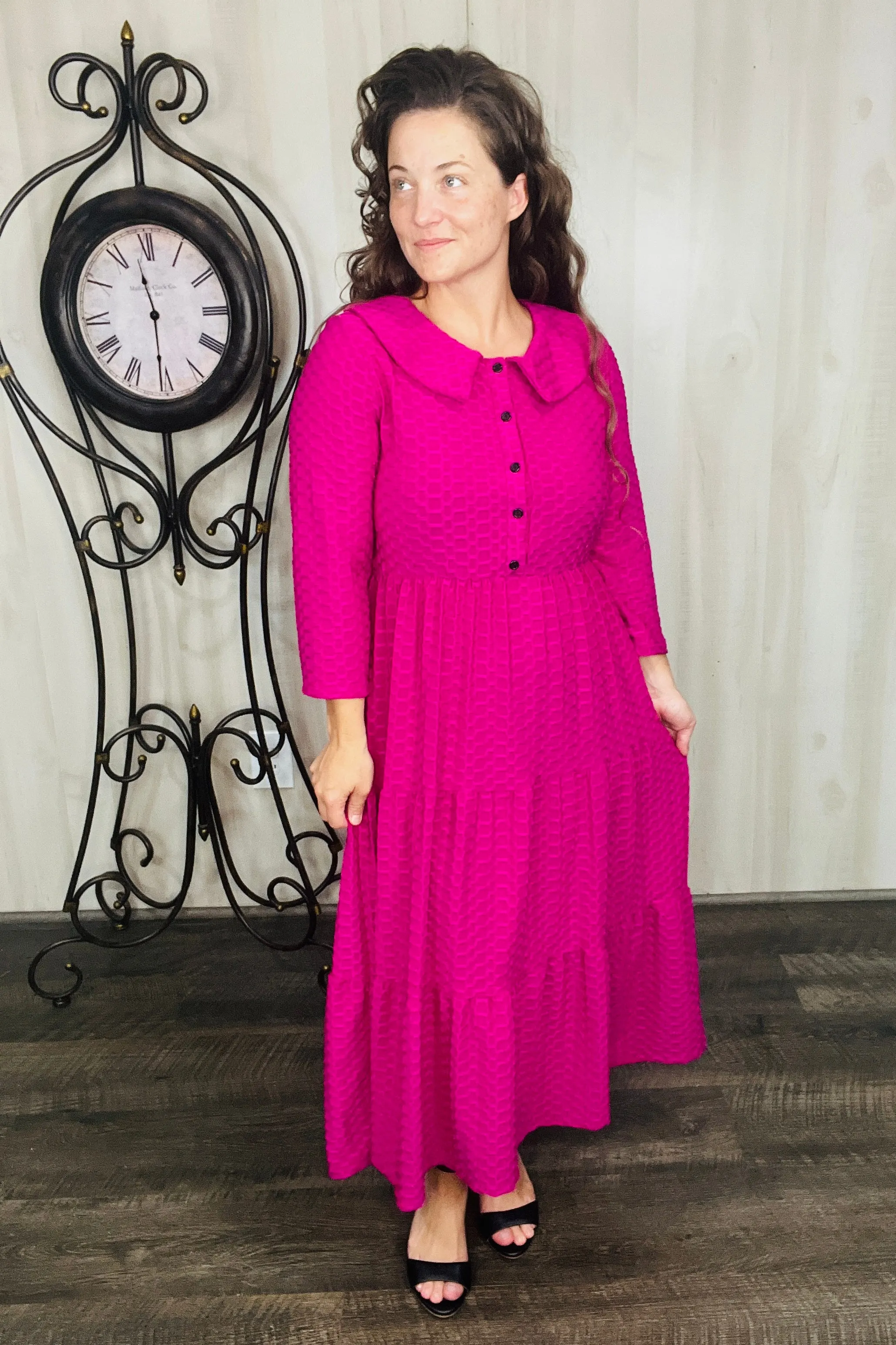 Magenta Honeycomb Buttons & Collar Dress