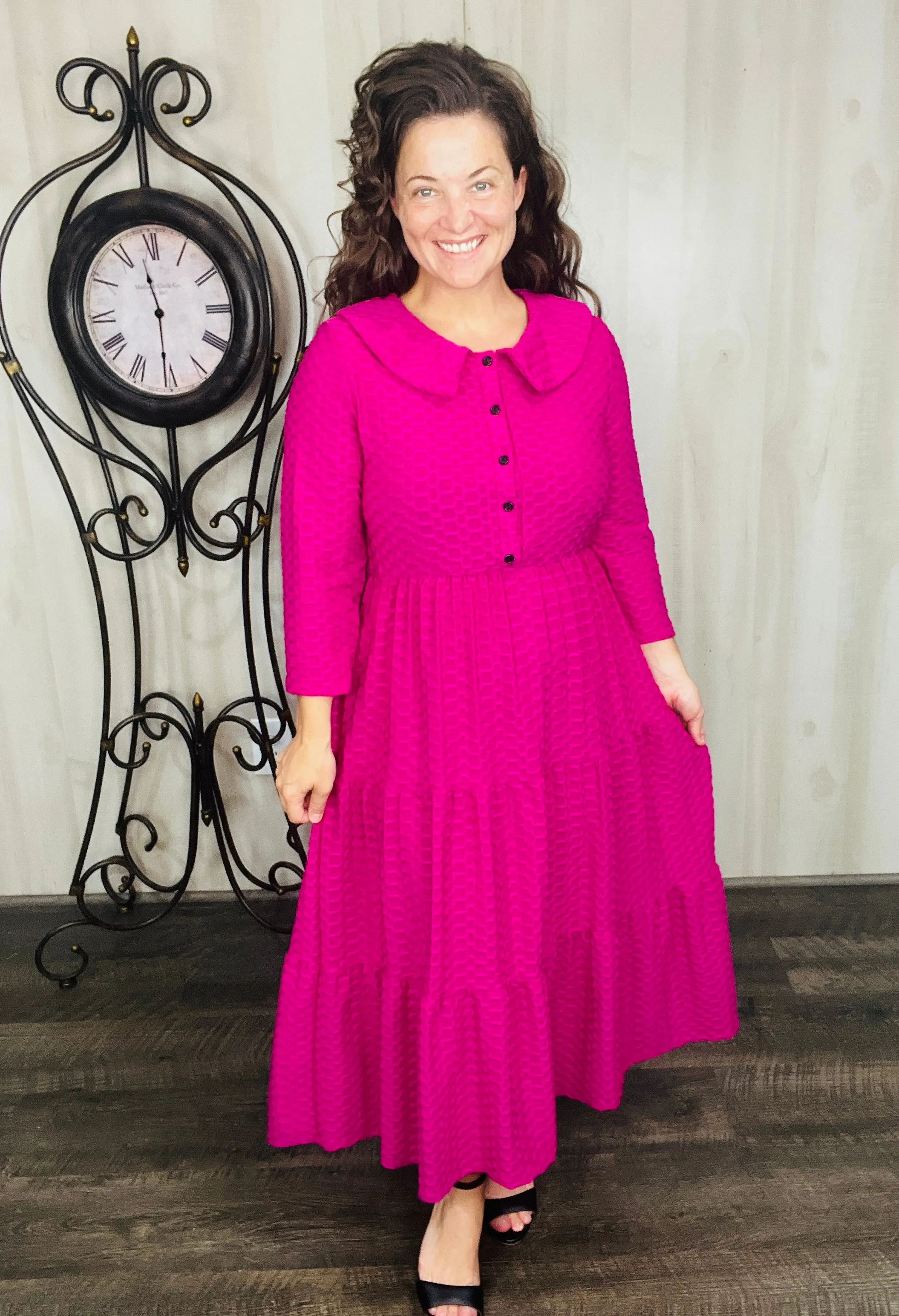 Magenta Honeycomb Buttons & Collar Dress