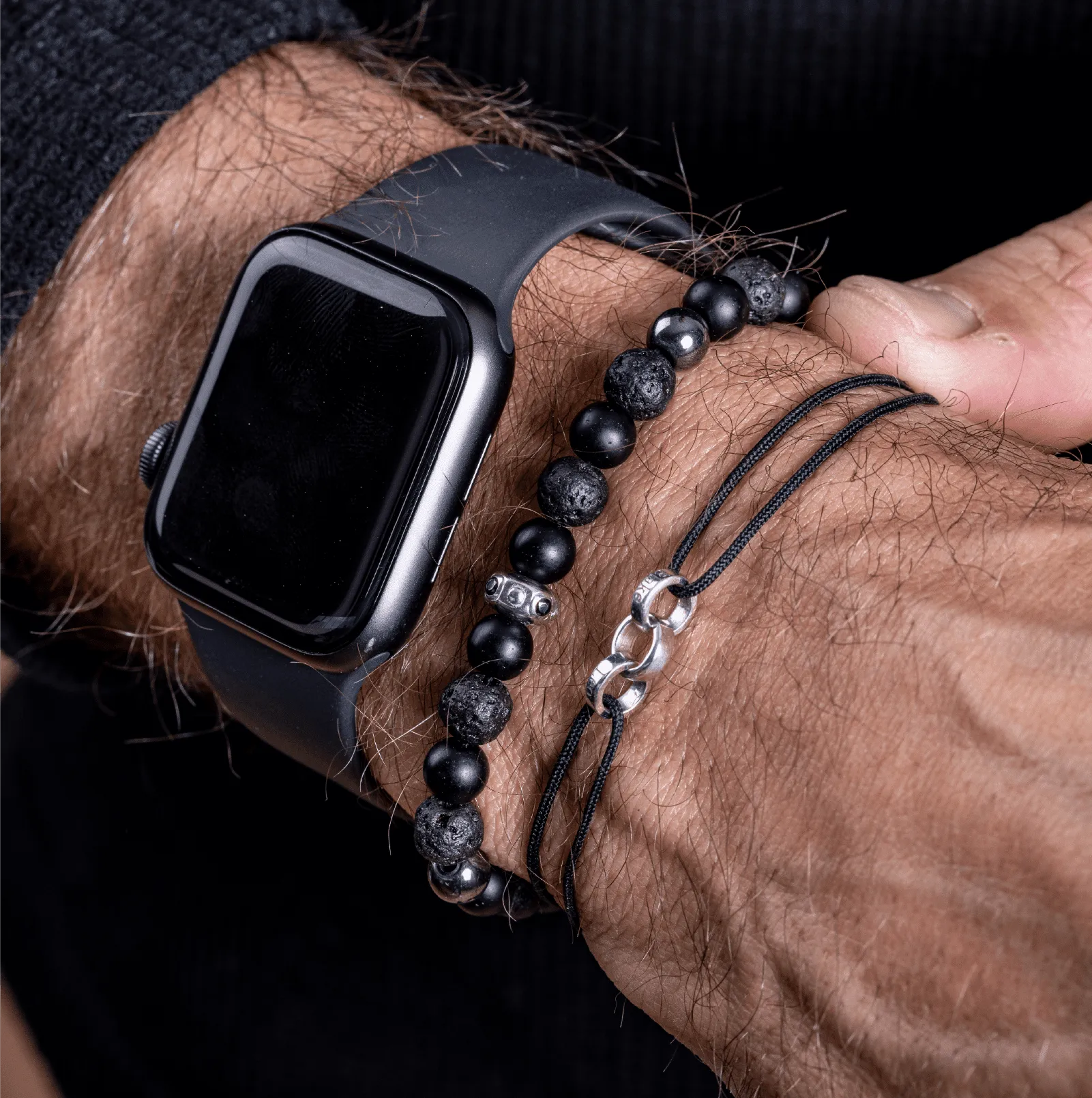 Men's Black Lava, Onyx and Hematite Beads Bracelet - 14K White Gold