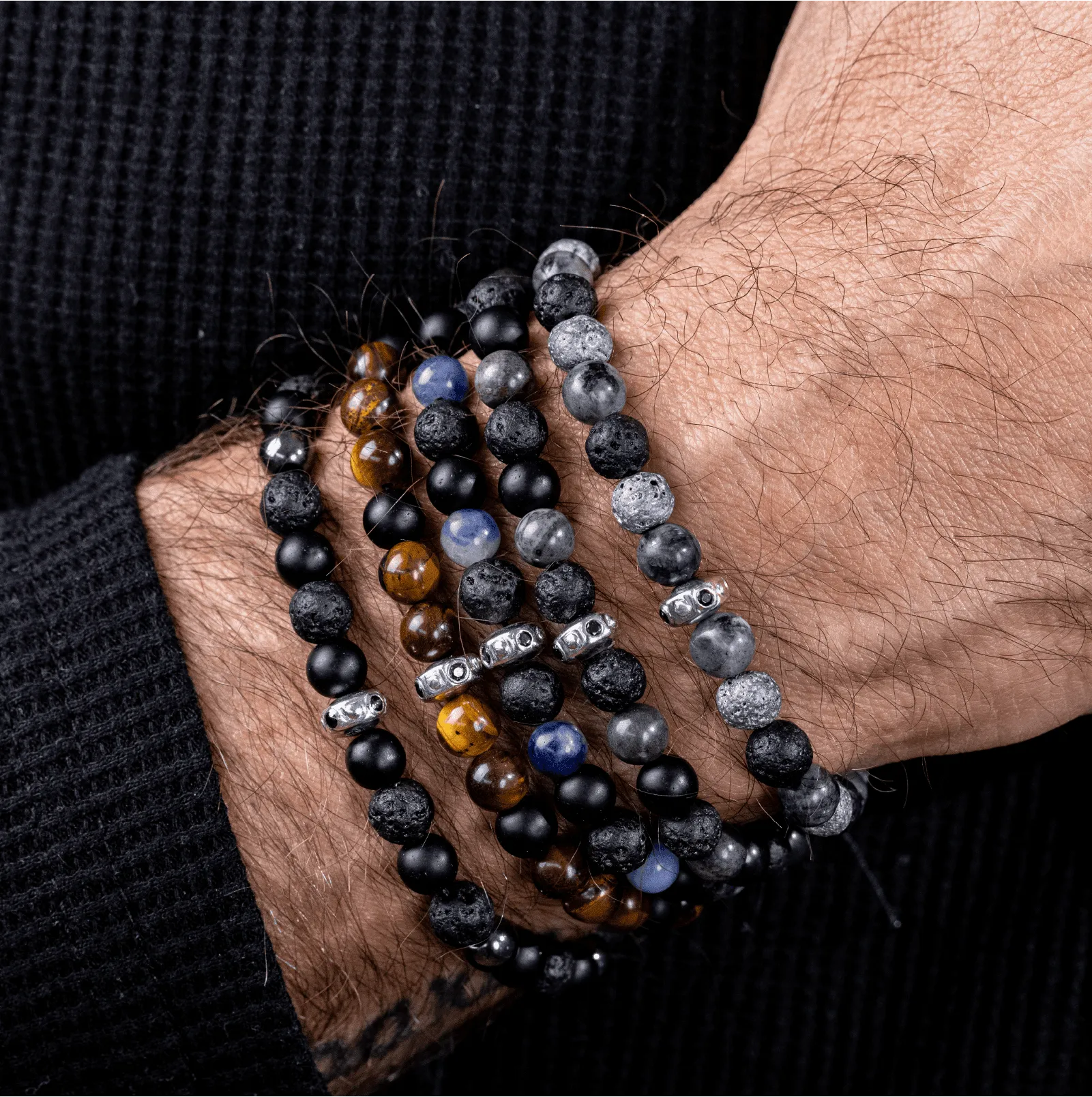 Men's Black Lava, Onyx and Hematite Beads Bracelet - 14K White Gold