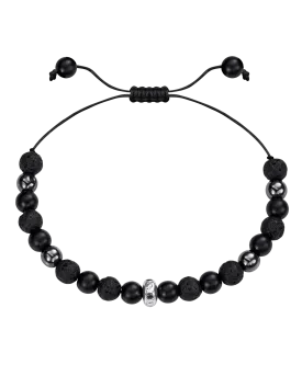 Men's Black Lava, Onyx and Hematite Beads Bracelet - 14K White Gold