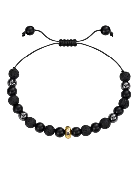 Men's Black Lava, Onyx and Hematite Beads Bracelet - 14K Yellow Gold