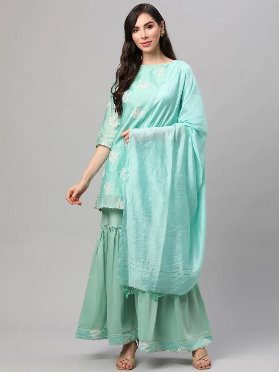 Mint Green Floral Printed Kurta Sharara Dupatta