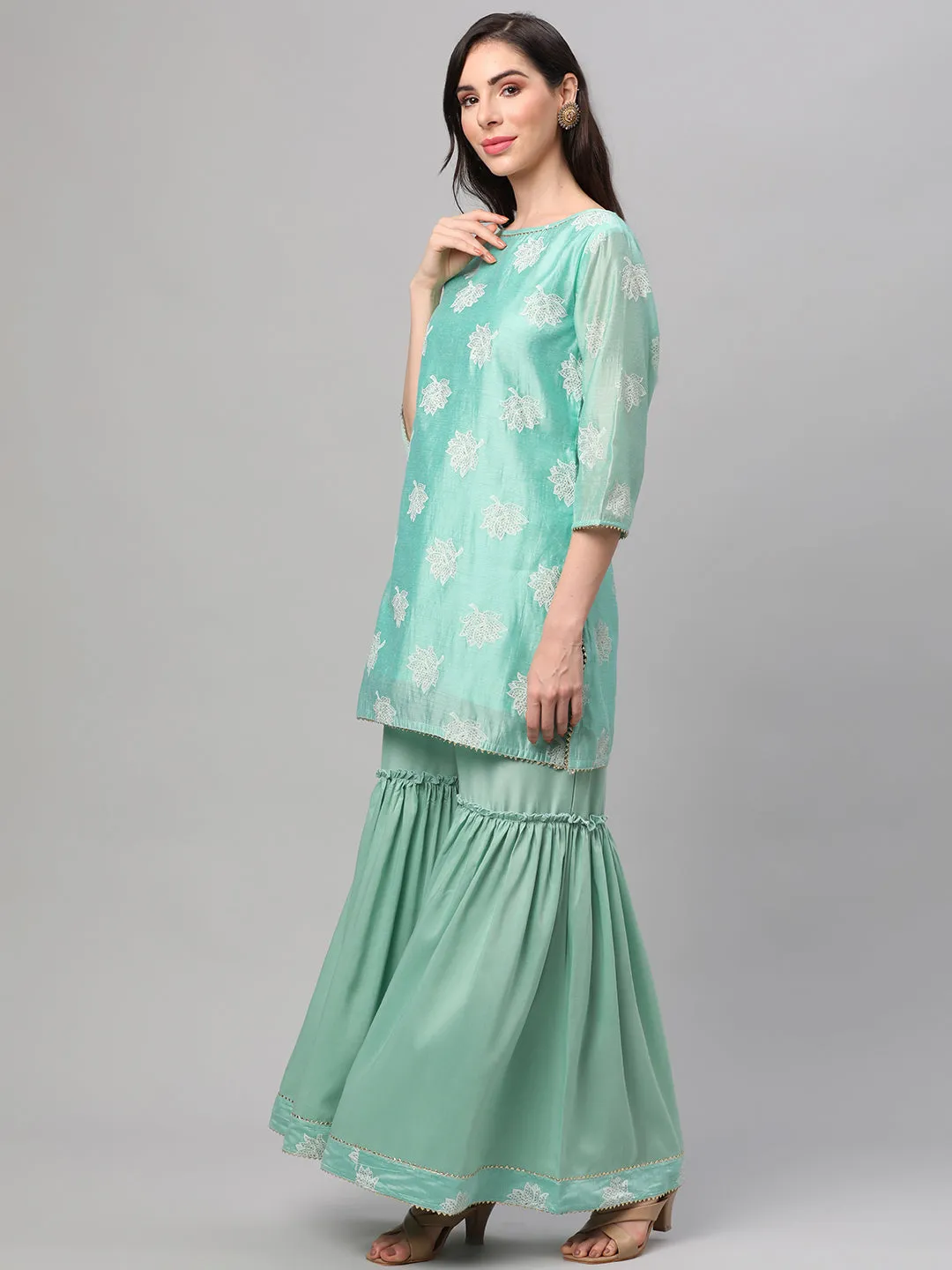 Mint Green Floral Printed Kurta Sharara Dupatta