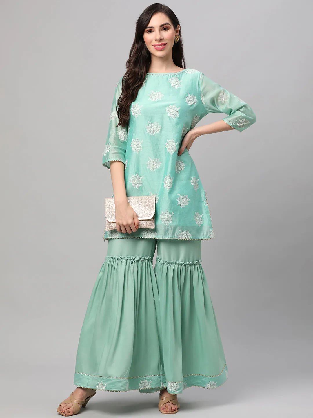 Mint Green Floral Printed Kurta Sharara Dupatta