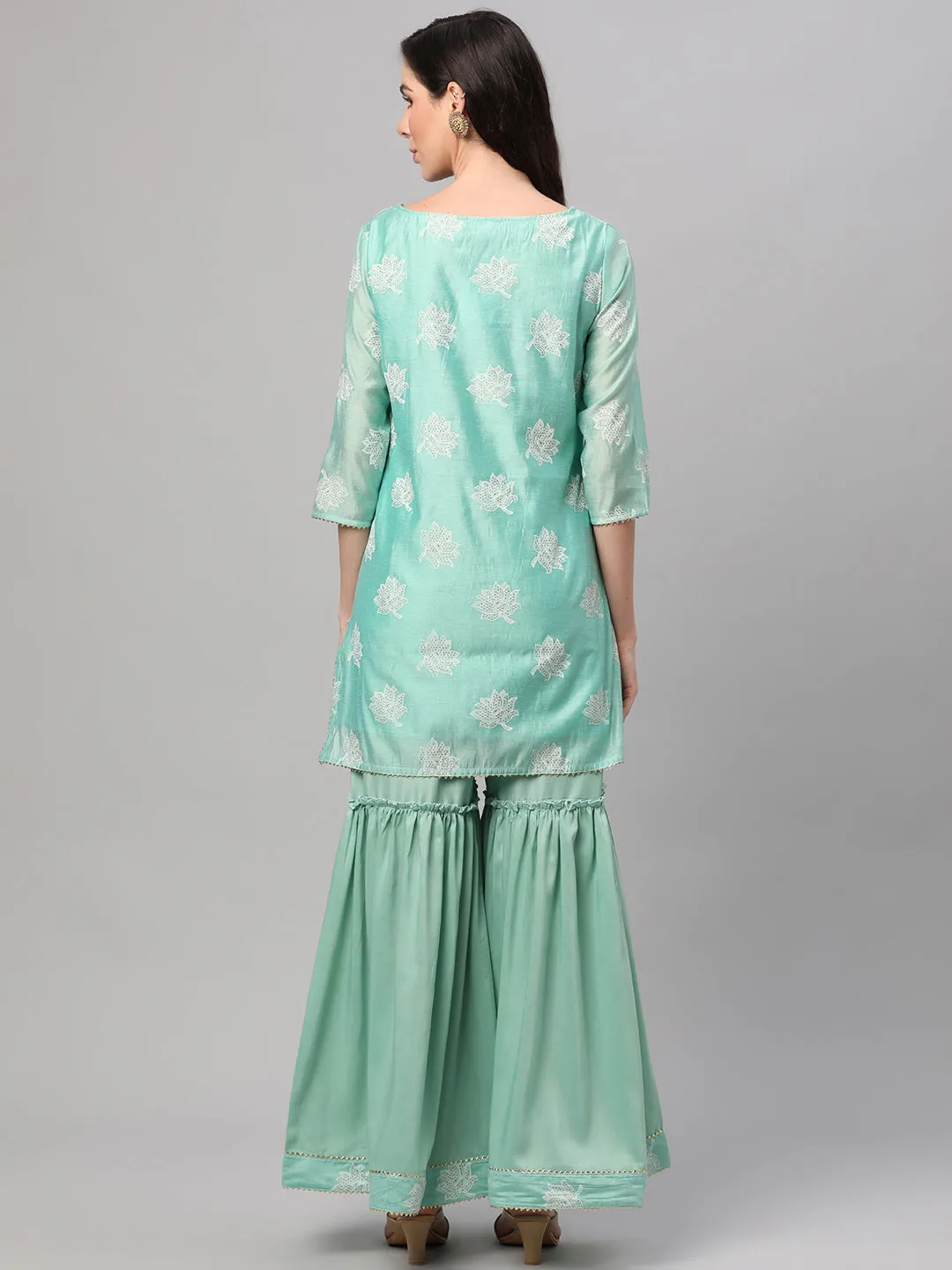 Mint Green Floral Printed Kurta Sharara Dupatta