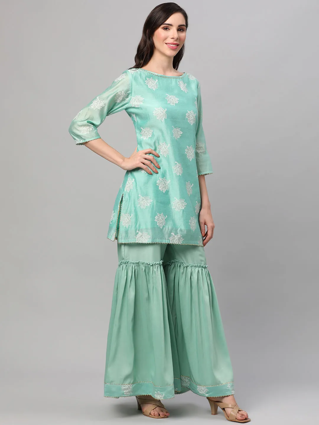 Mint Green Floral Printed Kurta Sharara Dupatta