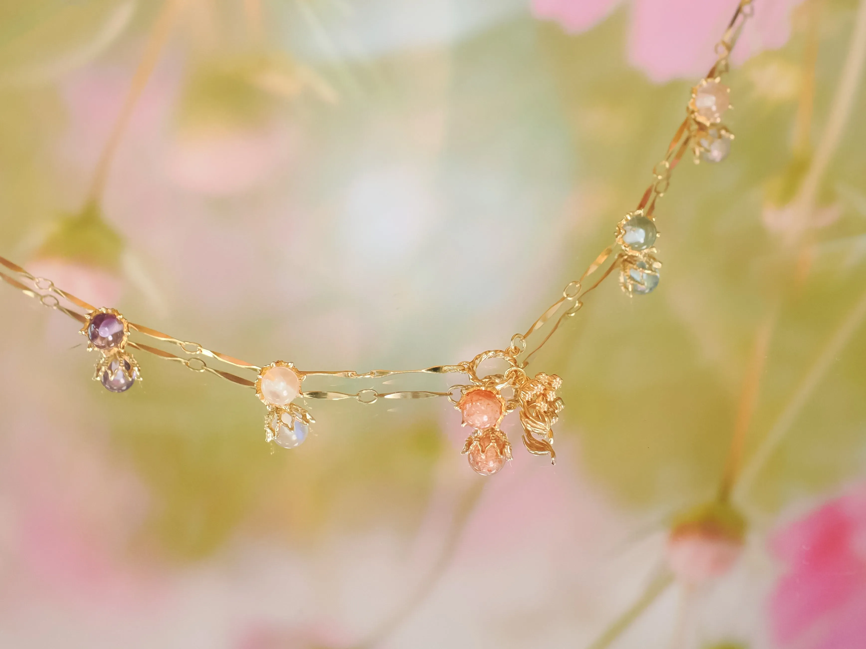 Moonstone, Sunstone, Amethyst, Blue Topaz, Rose Quartz Gold Dangle Choker - Lily of the Valley