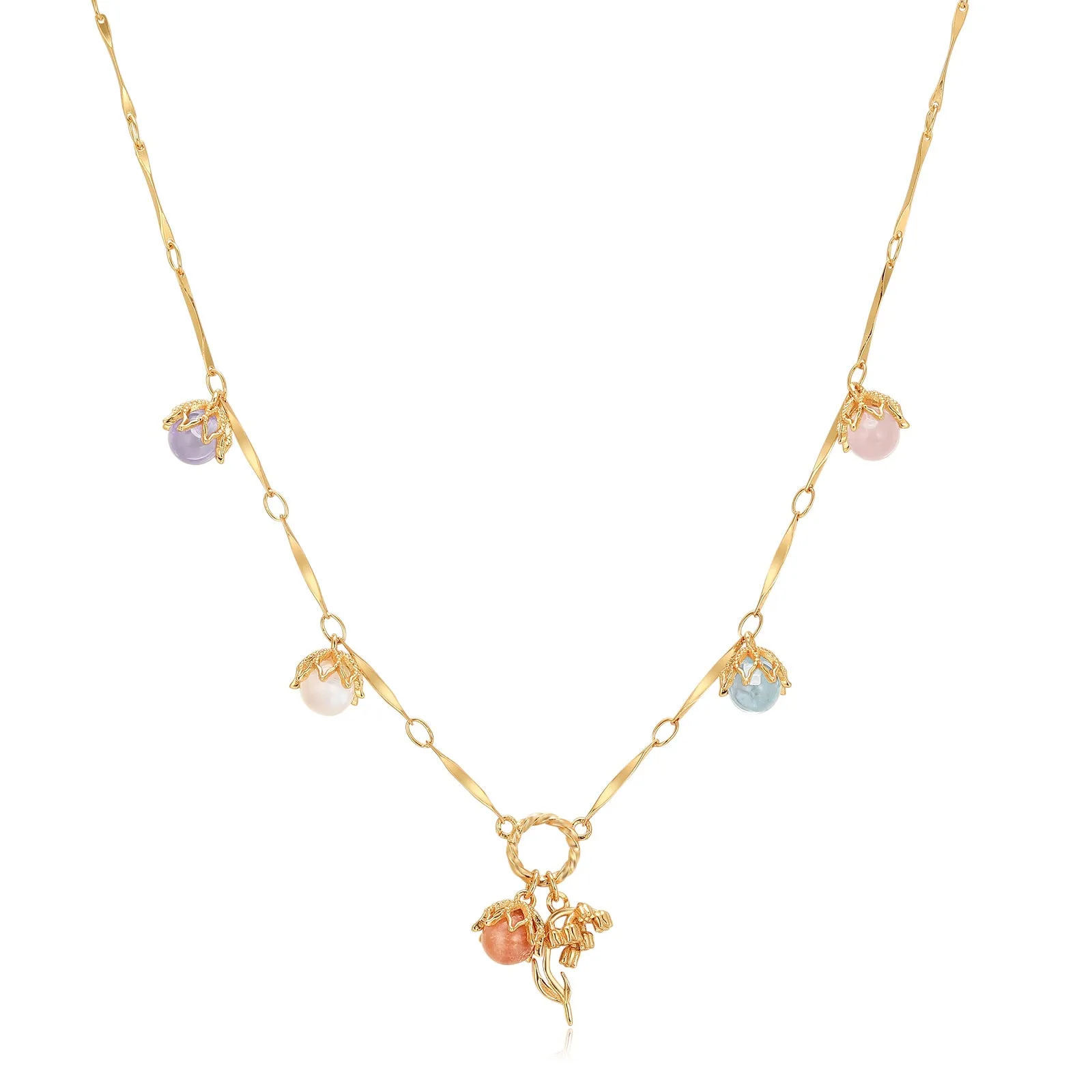 Moonstone, Sunstone, Amethyst, Blue Topaz, Rose Quartz Gold Dangle Choker - Lily of the Valley