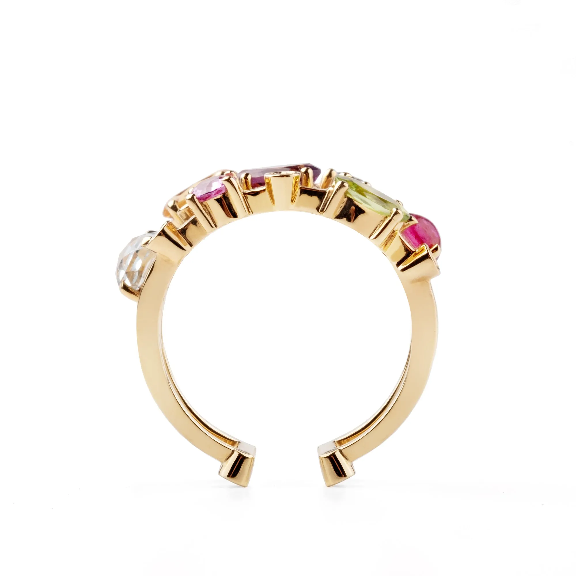 Multi coloured gemstones 18k yellow gold Triple row ring