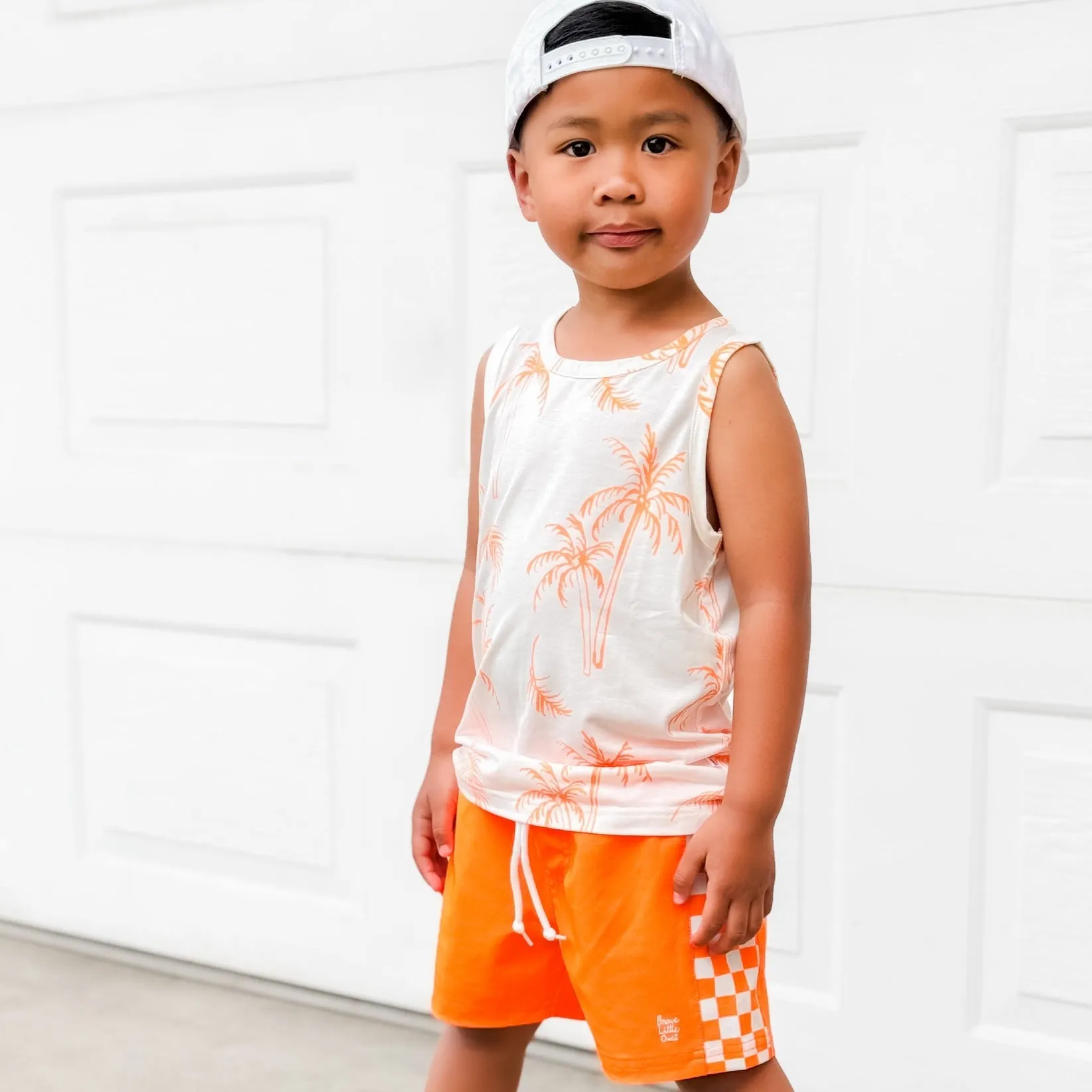 Neon Orange Checkered Swim Trunks