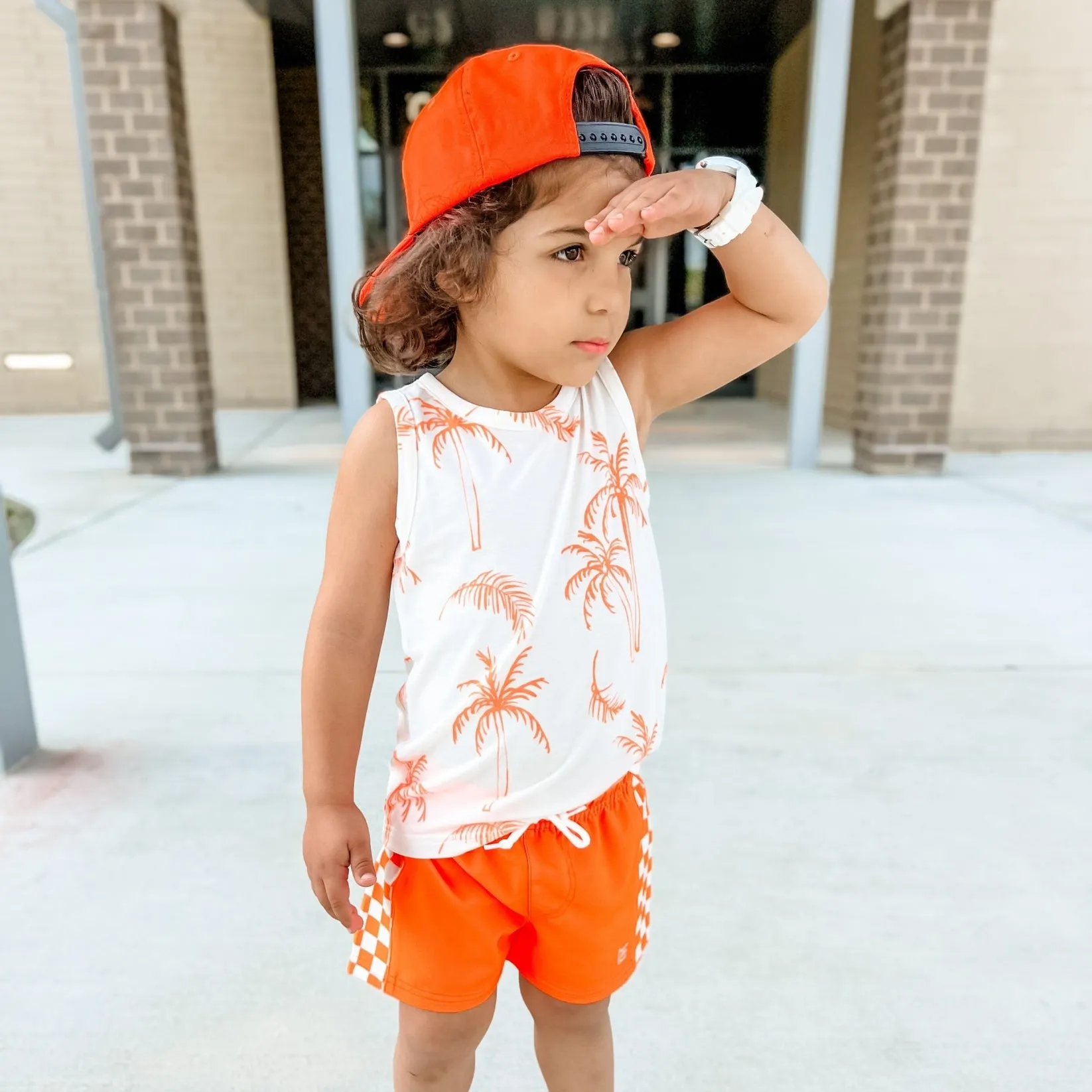 Neon Orange Checkered Swim Trunks