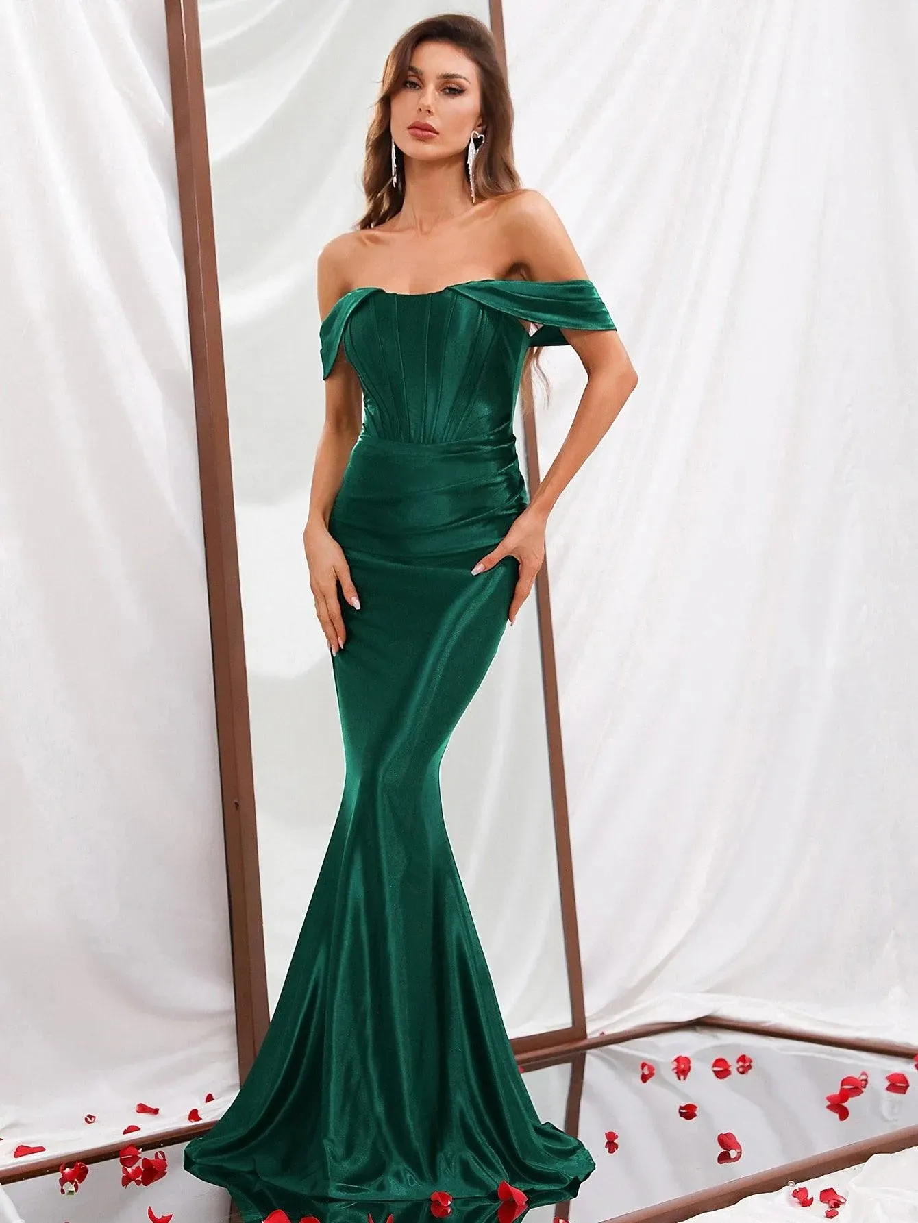 Off Shoulder Mermaid Hem Satin Prom Dress