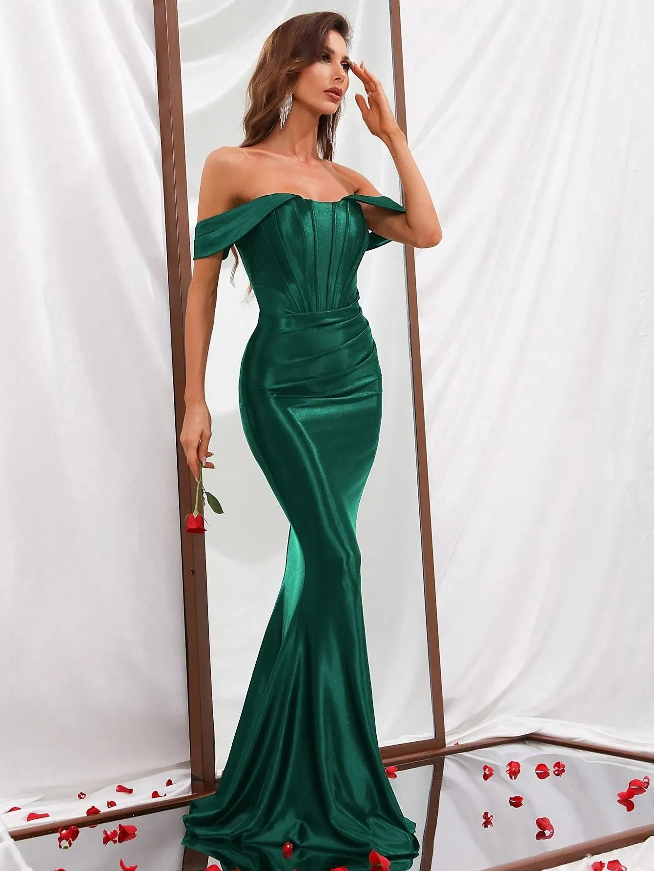 Off Shoulder Mermaid Hem Satin Prom Dress