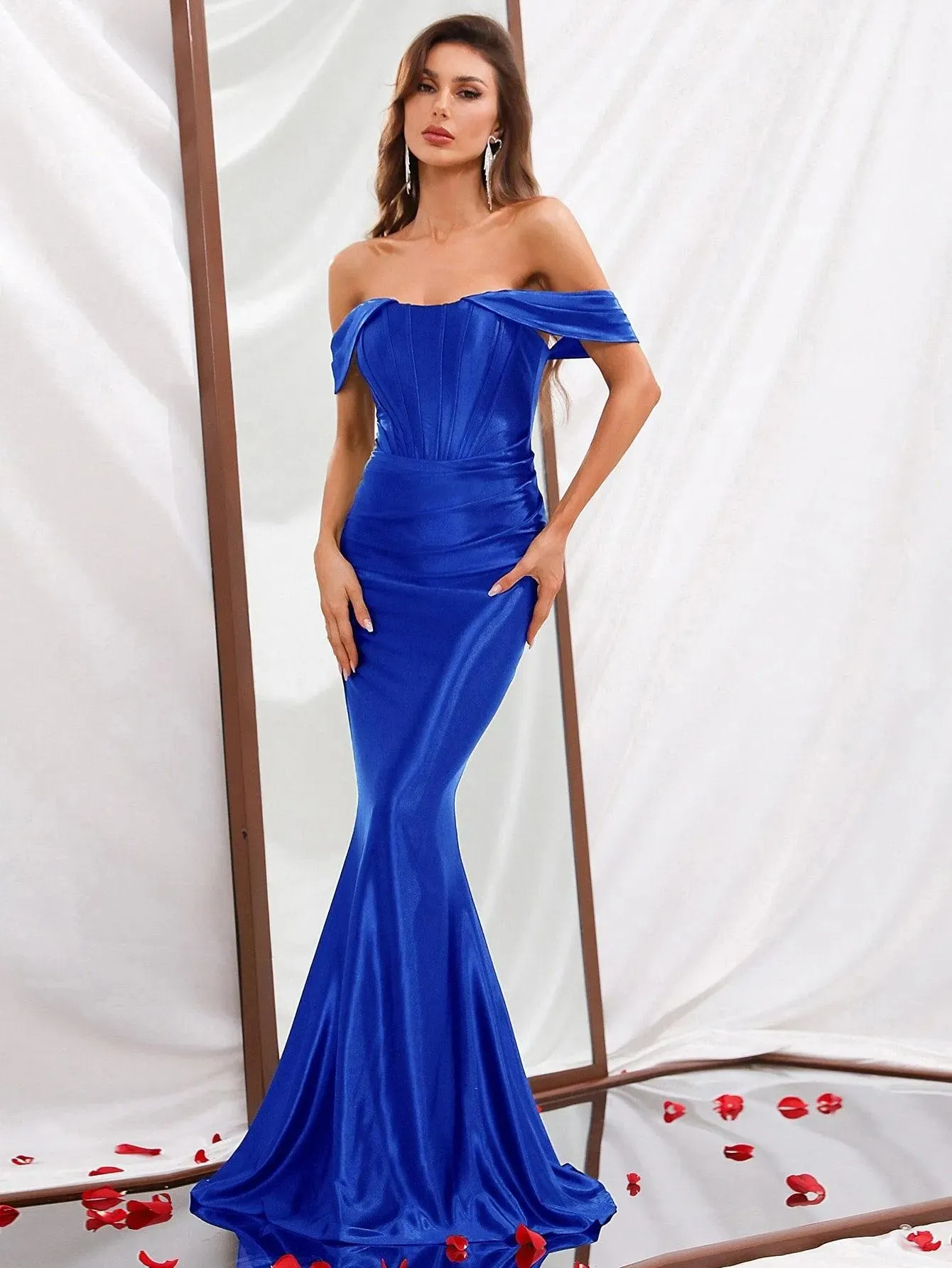 Off Shoulder Mermaid Hem Satin Prom Dress