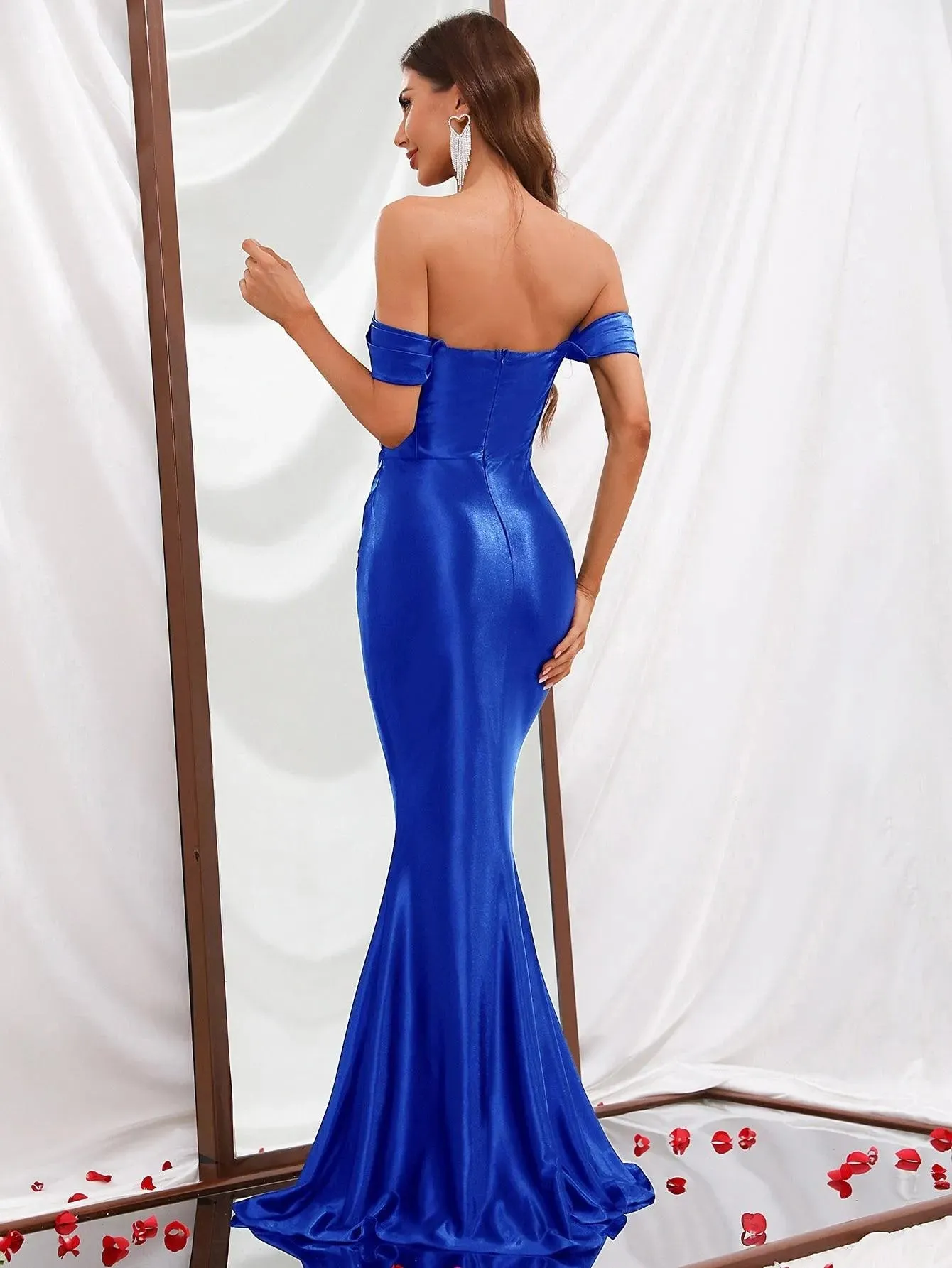 Off Shoulder Mermaid Hem Satin Prom Dress