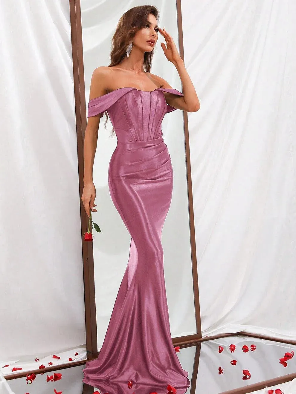 Off Shoulder Mermaid Hem Satin Prom Dress