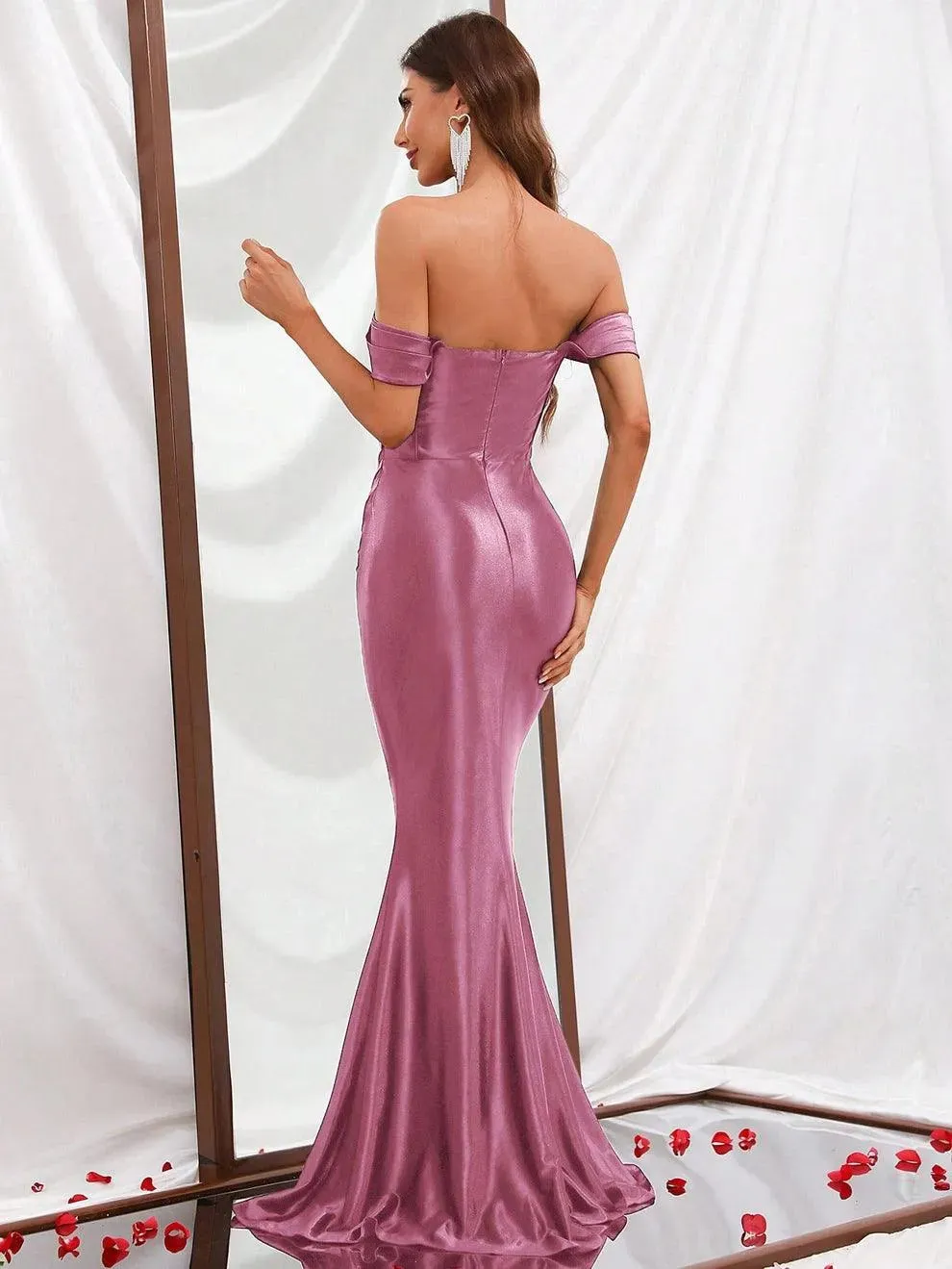 Off Shoulder Mermaid Hem Satin Prom Dress