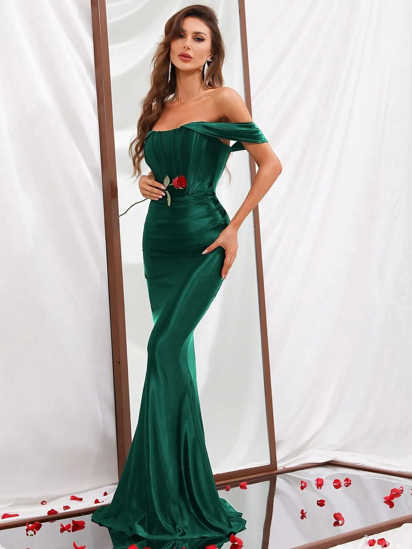 Off Shoulder Mermaid Hem Satin Prom Dress