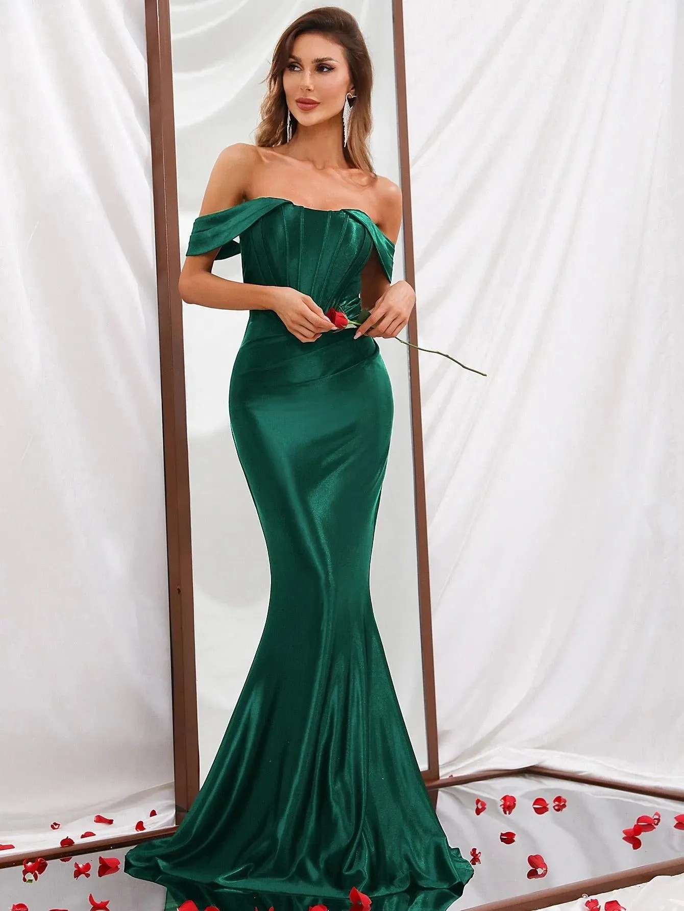 Off Shoulder Mermaid Hem Satin Prom Dress