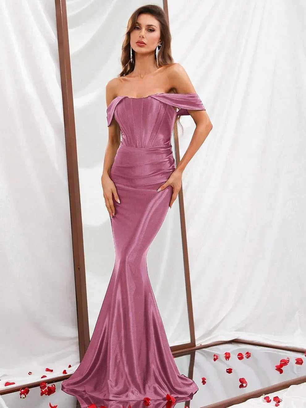 Off Shoulder Mermaid Hem Satin Prom Dress