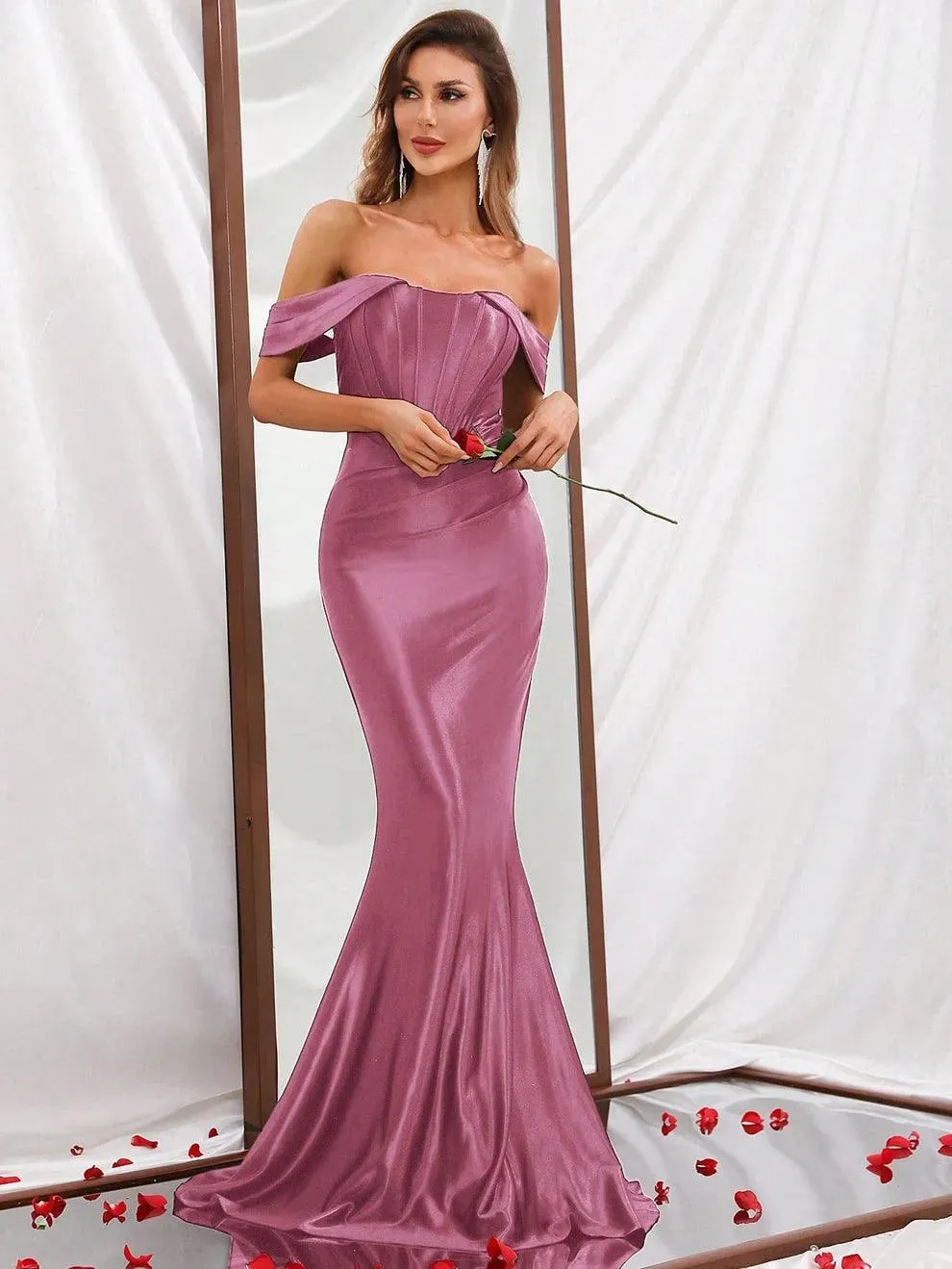 Off Shoulder Mermaid Hem Satin Prom Dress