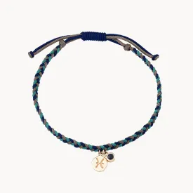 pisces zodiac water element cord bracelet - 10k yellow gold, blue sapphire, cord