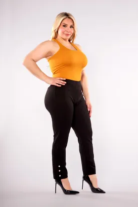 Plus Size Cropped Pants With Side Ankle Button Detail - Black