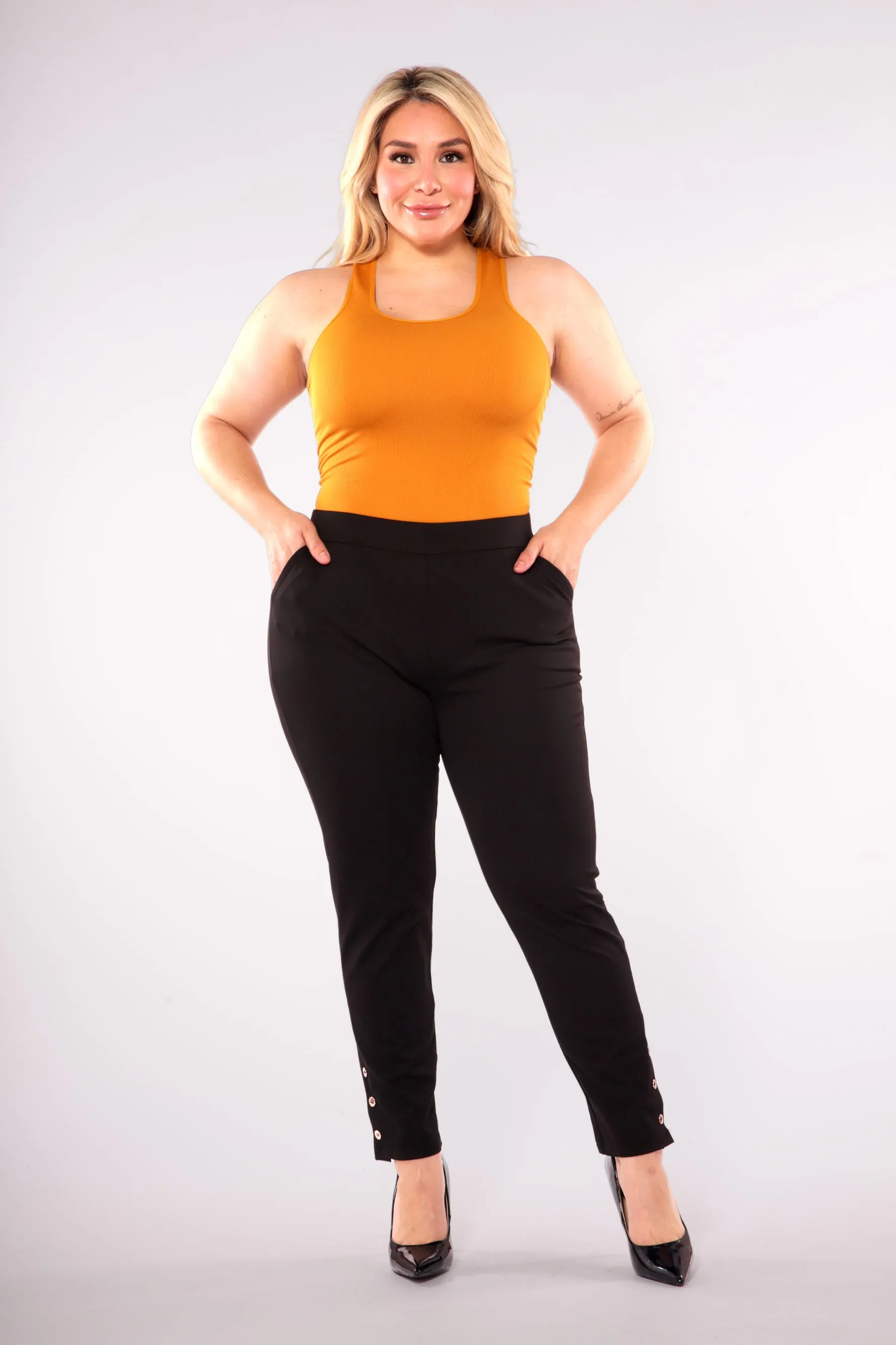 Plus Size Cropped Pants With Side Ankle Button Detail - Black