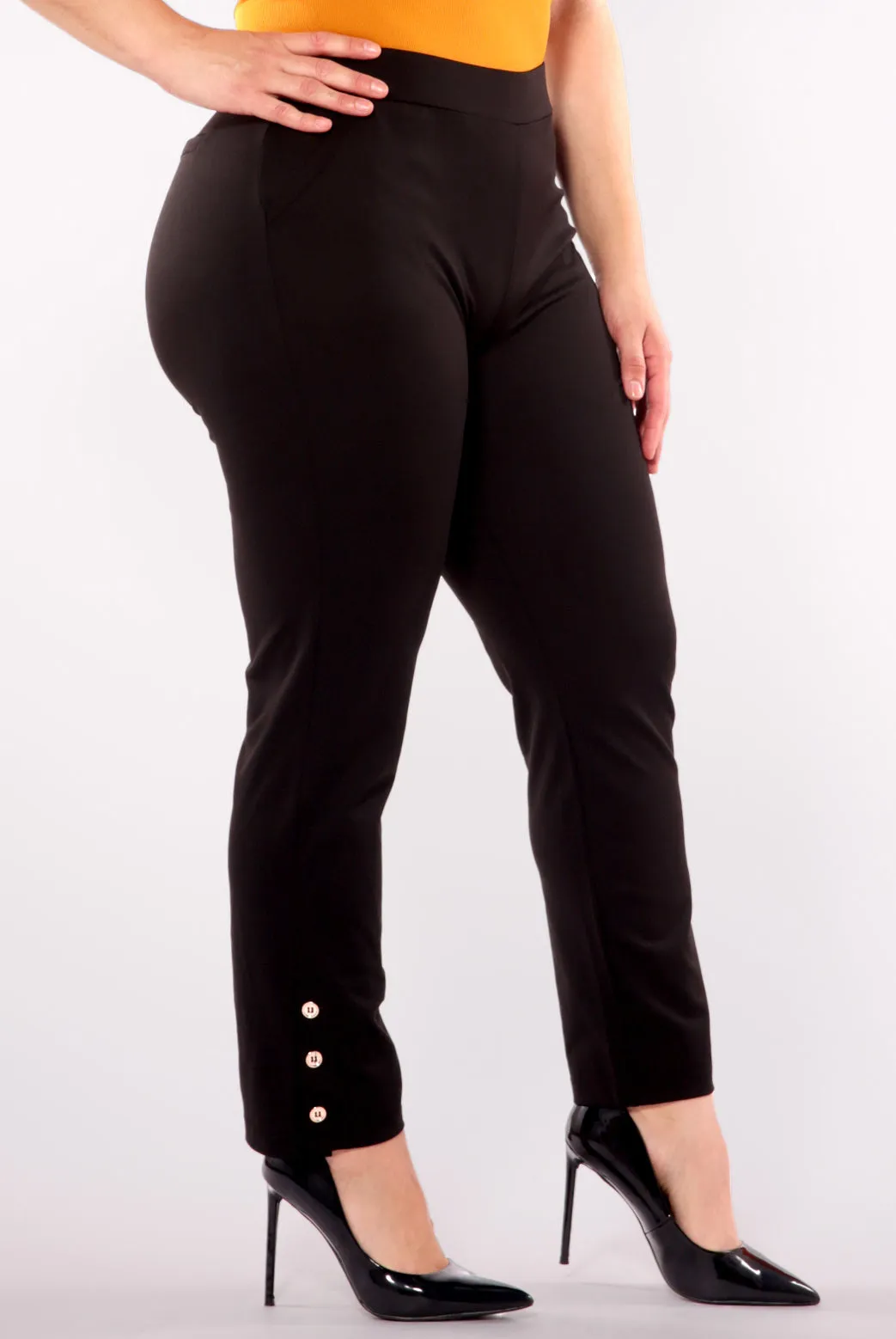 Plus Size Cropped Pants With Side Ankle Button Detail - Black