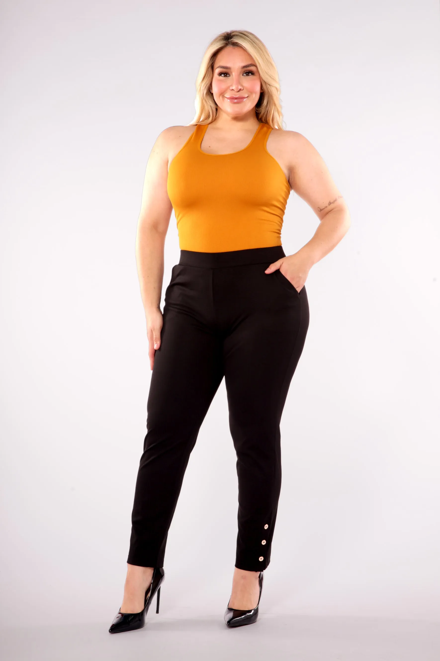 Plus Size Cropped Pants With Side Ankle Button Detail - Black