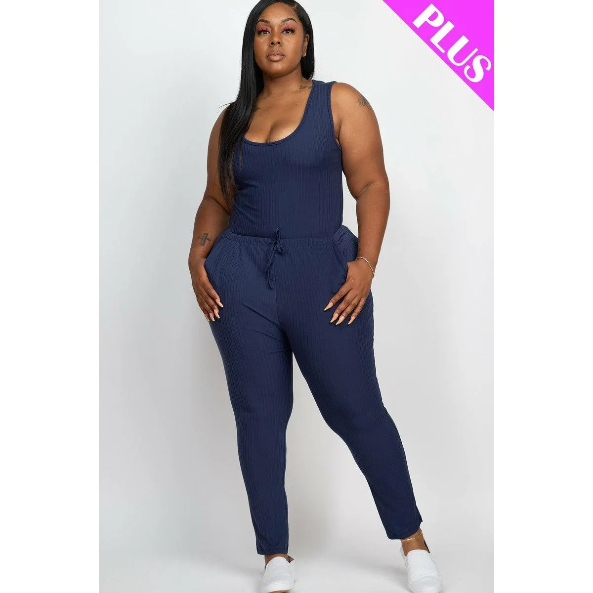 Plus size navy ribbed sleeveless drawstring jumpsuit