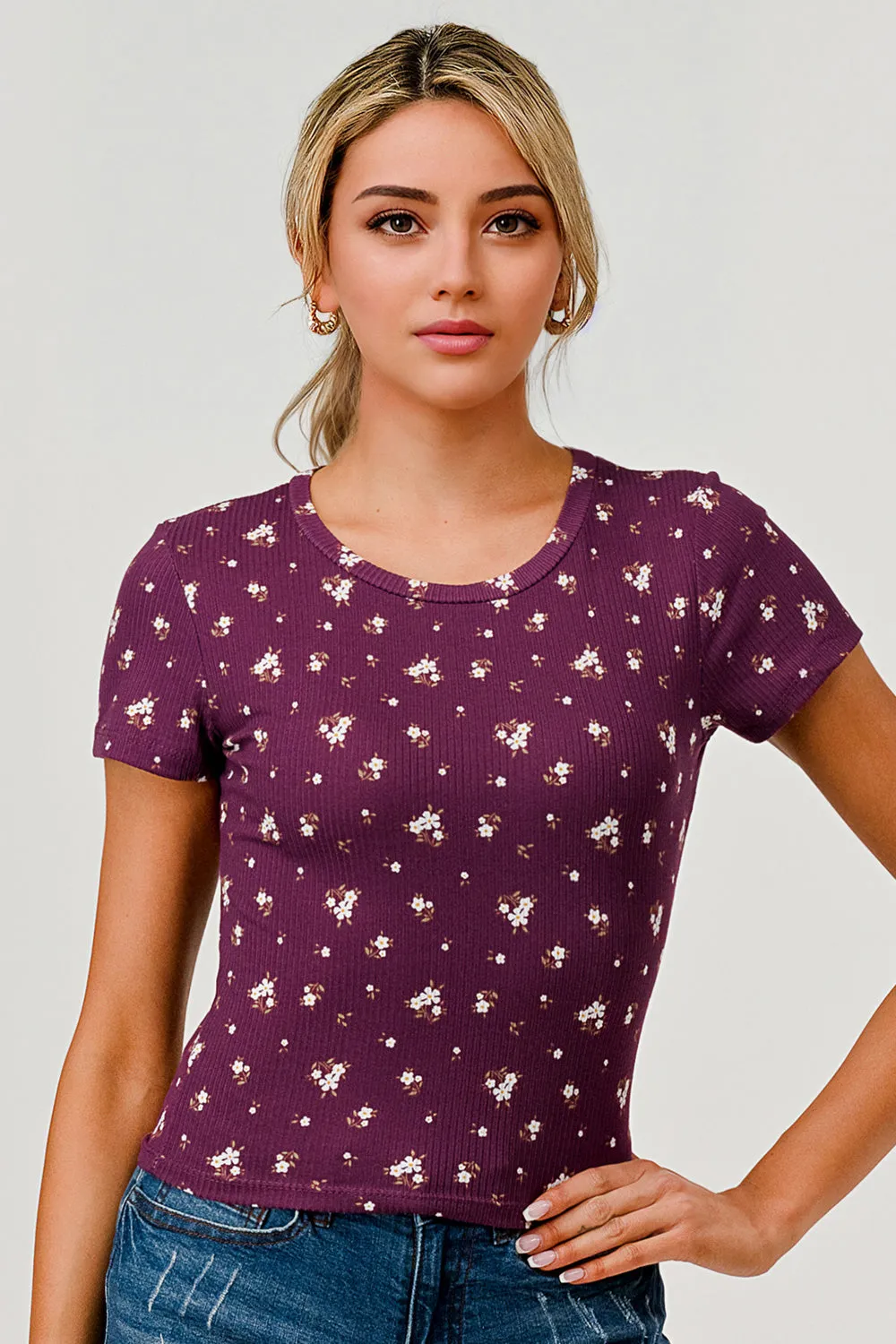 Rib Knit Printed Short Sleeve Tops - Purple, White Floral