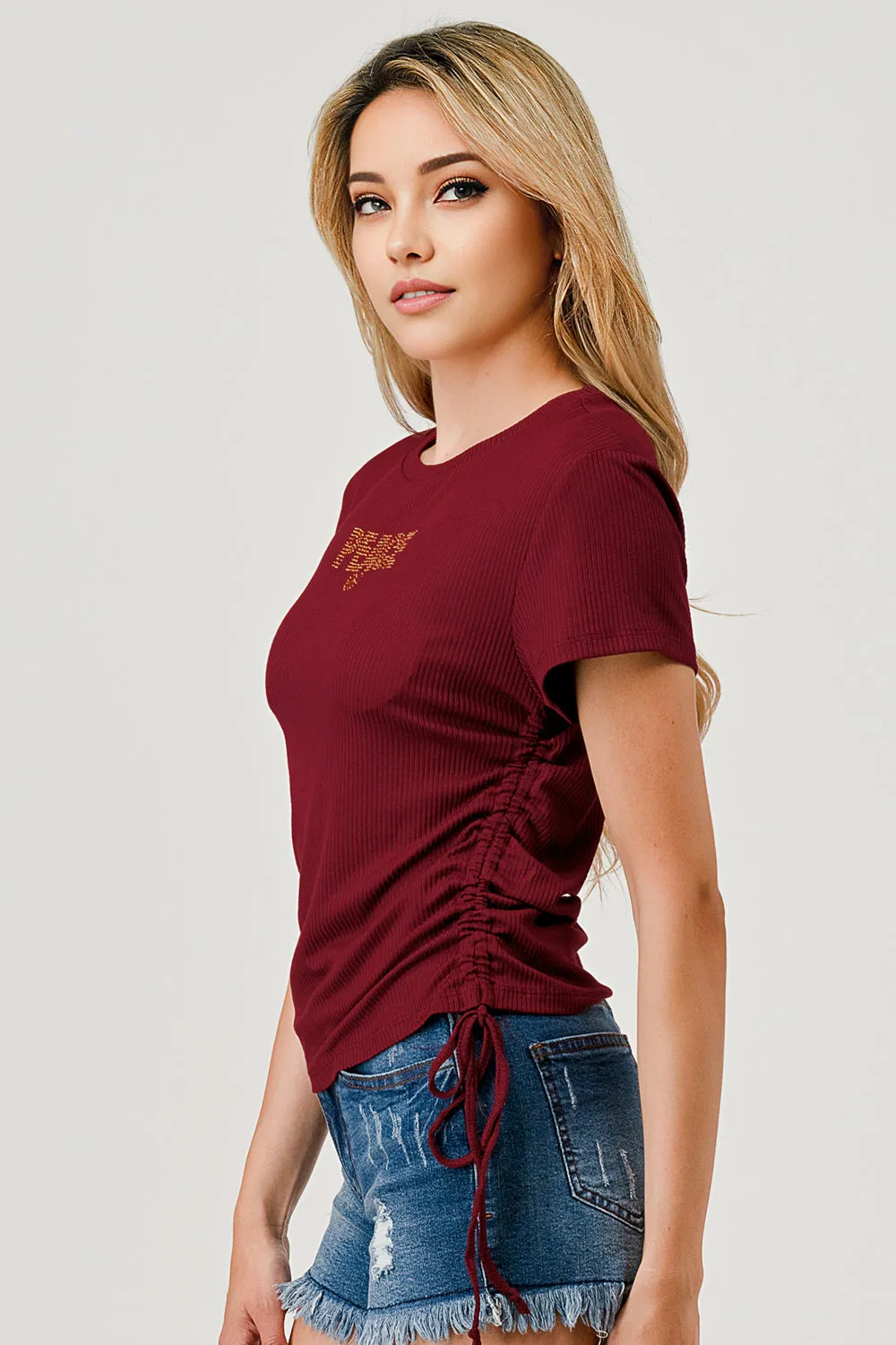 Rib Knit Tops With Rhinestone Wording And Drawstring Ruched Sides - Burgundy