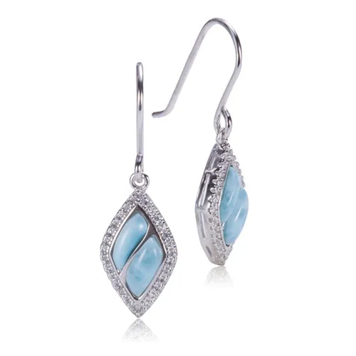 Sterling Silver Diamond Shape with Larimar Inlay Pave CZ Hook Earrings