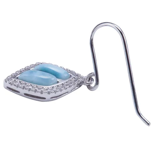 Sterling Silver Diamond Shape with Larimar Inlay Pave CZ Hook Earrings