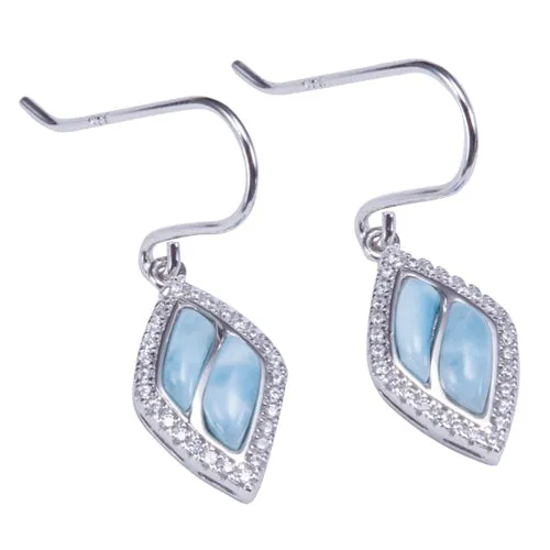 Sterling Silver Diamond Shape with Larimar Inlay Pave CZ Hook Earrings