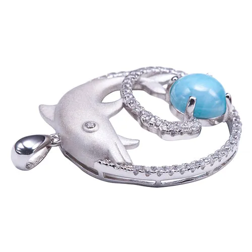 Sterling Silver Diving Dolphin Larimar Bead in Pave CZ Circle Pendant (Chain Sold Separately)