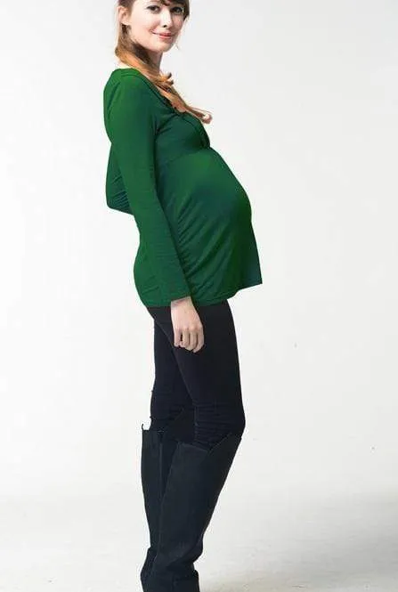 Valda V-Neck Pleat Bamboo Cotton Long Sleeve Nursing Top Emerald