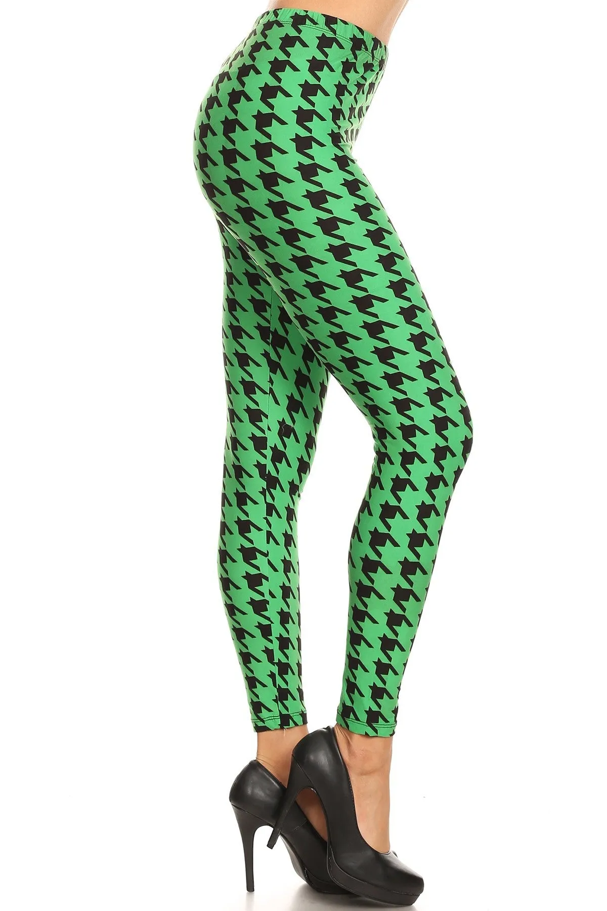 Women's Plus Green Houndstooth Pattern Printed Leggings