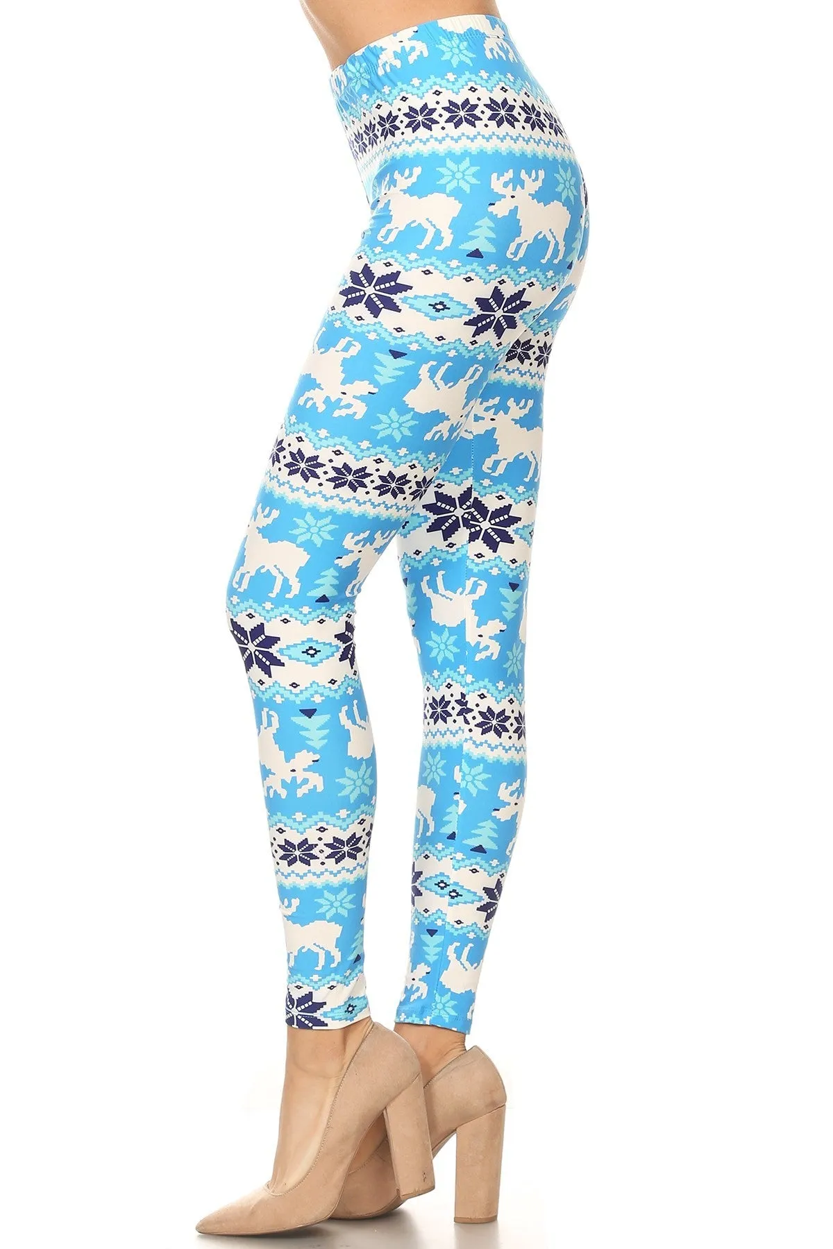 Women's Regular Christmas Blue White Reindeer Pattern Printed Leggings