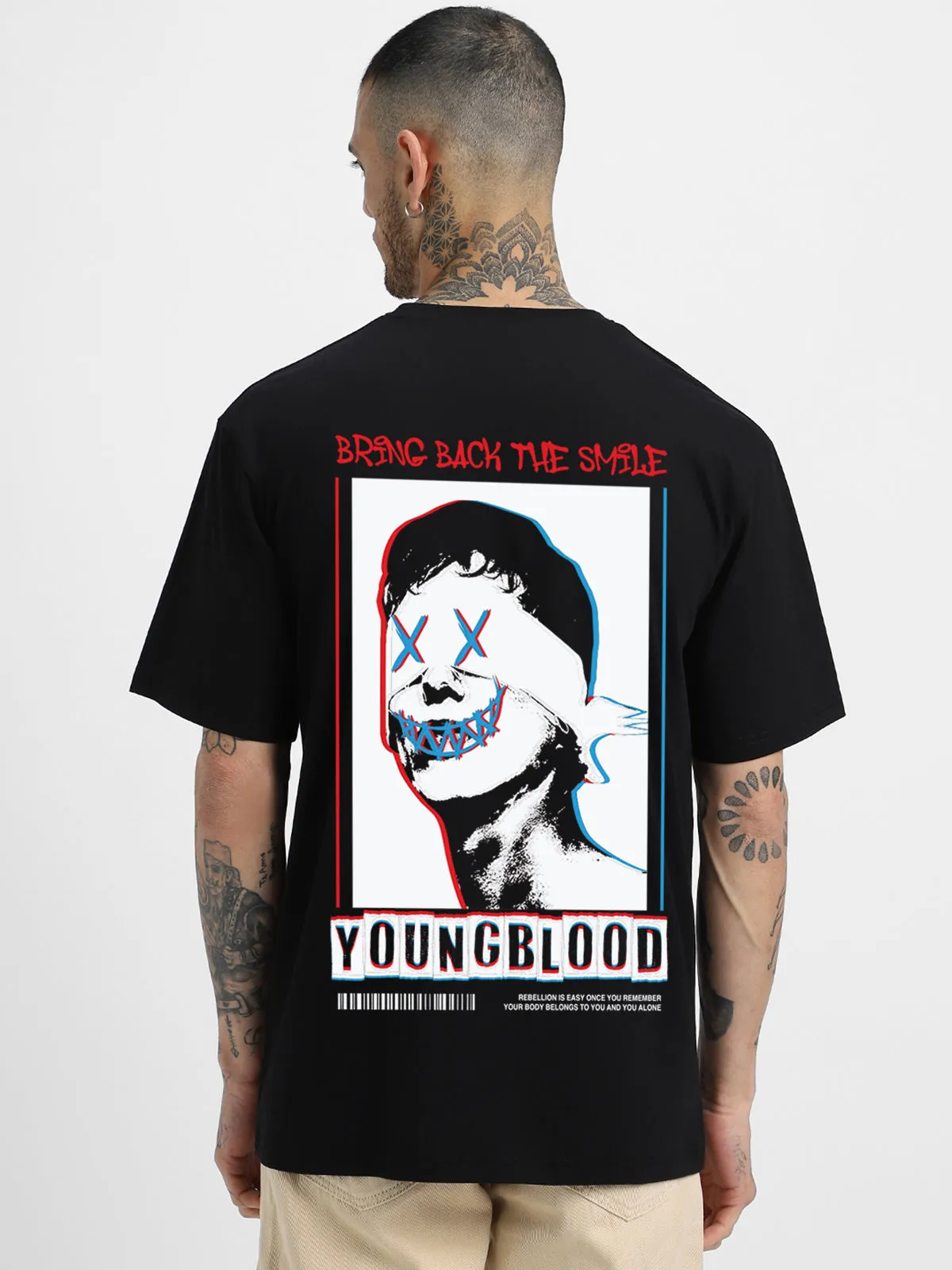 YOUNG BLOOD Printed Black Oversized Back Graphic Printed Tshirt